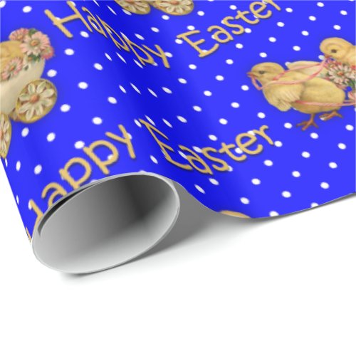 Cute Easter Chicks Blue Polka Dot Easter Wrapping Paper