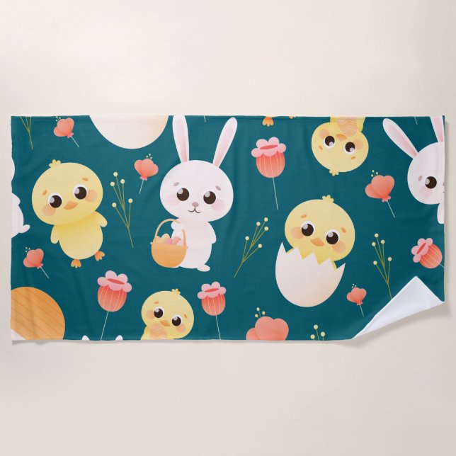 Cute Easter Chicks & Bunnies Seamless Pattern  Beach Towel (Front)
