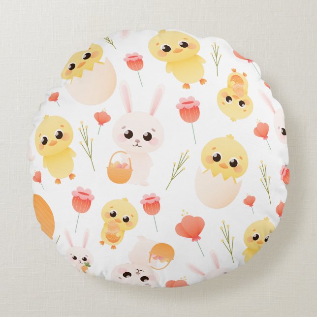 Cute Easter Chicks & Bunnies Seamless Pattern  Round Pillow (Front)