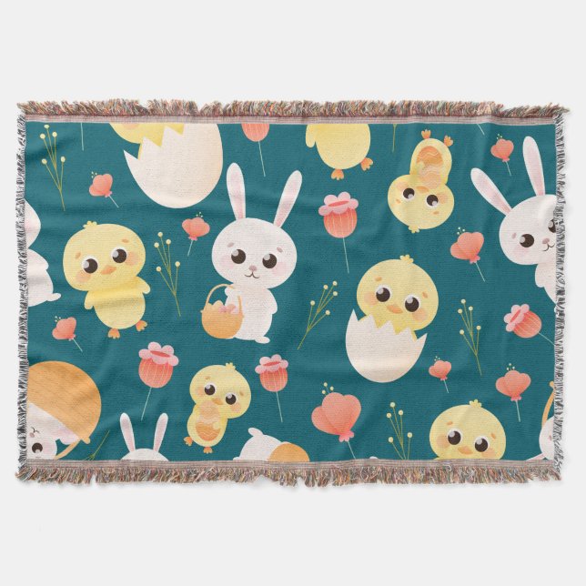 Cute Easter Chicks & Bunnies Seamless Pattern  Throw Blanket (Front)