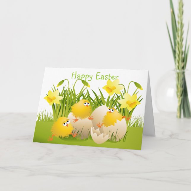 Cute Easter Chicks & Daffodils Holiday Card (Front)