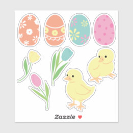 Cute Easter Chicks, Decorated Eggs and Tulips Sticker