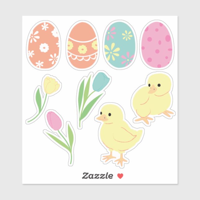 Cute Easter Chicks, Decorated Eggs and Tulips Sticker (Sheet)