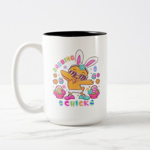 Cute easter dabbing chick with bunny ears Two_Tone coffee mug