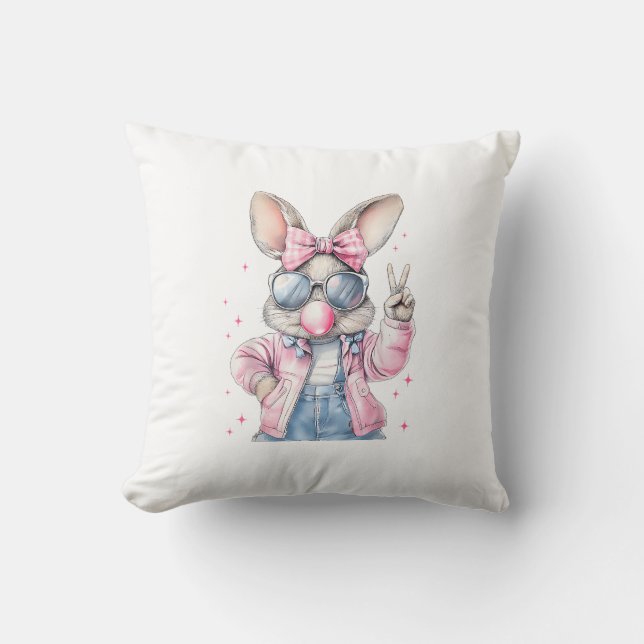 Cute Easter Day Bunny Blowing Bubble Rabbit Women  Throw Pillow (Front)