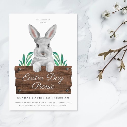 Cute Easter Day Picnic Bunny  Rustic Sign Invitation