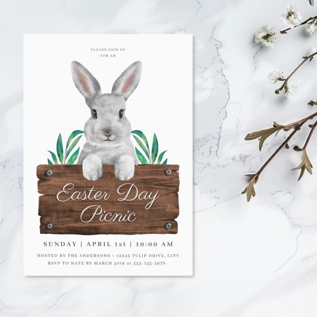 Cute Easter Day Picnic Bunny & Rustic Sign Invitation (Creator Uploaded)
