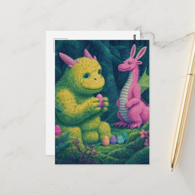 Cute Easter Dragons Postcard (Front/Back In Situ)