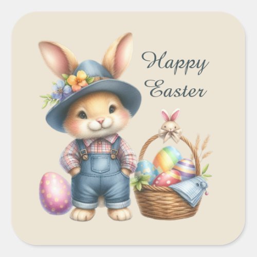 Cute Easter egg basket bunny add message Square Sticker