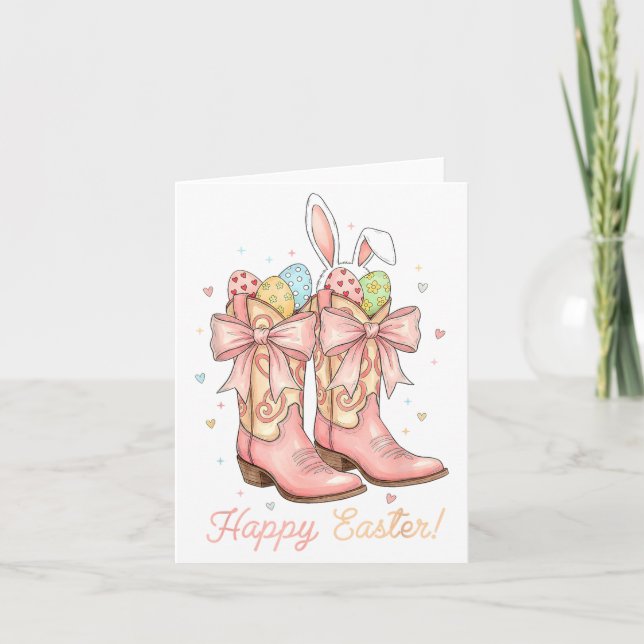 Cute Easter Egg Howdy Western Cowboy Boots Bunny C Card (Front)