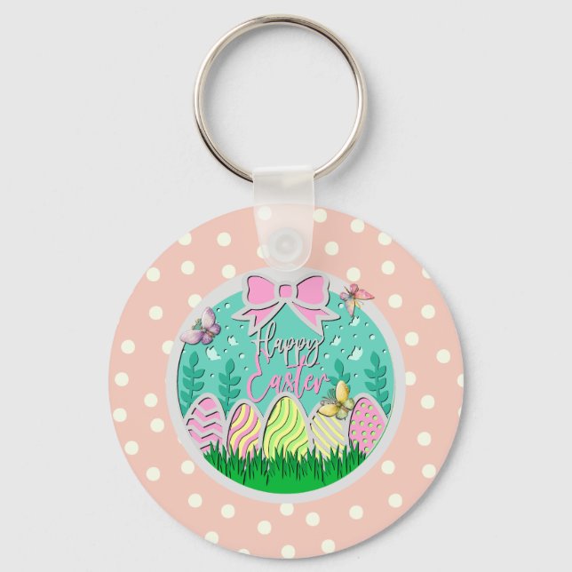 Cute Easter Egg Hunt and Colorful Butterflies Keyc Keychain (Front)