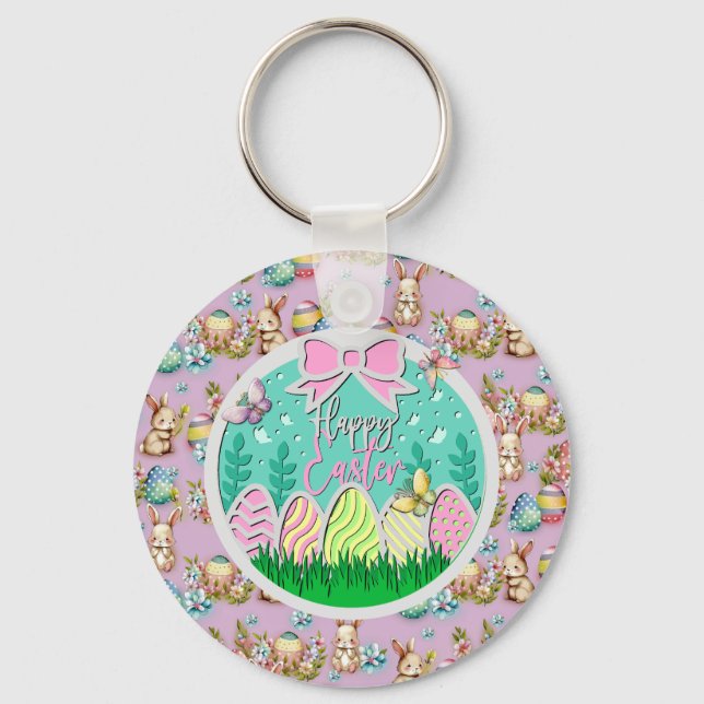 Cute Easter Egg Hunt and Colorful Butterflies Keychain (Front)