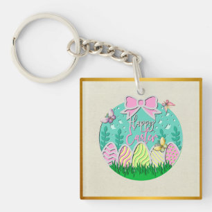 Cute Easter Egg Hunt and Colorful Butterflies Keychain