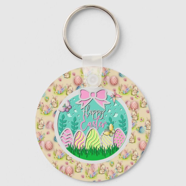 Cute Easter Egg Hunt and Colorful Butterflies Keychain (Front)