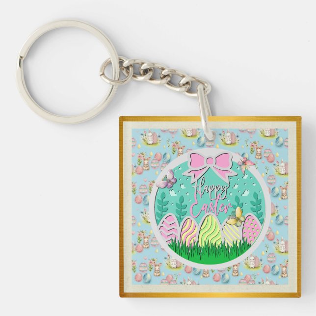 Cute Easter Egg Hunt and Colorful Butterflies Keychain (Front)