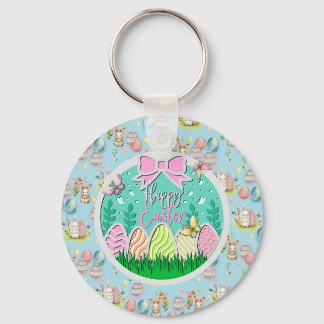 Cute Easter Egg Hunt and Colorful Butterflies Keychain (Front)
