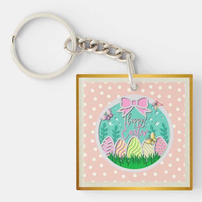 Cute Easter Egg Hunt and Colorful Butterflies Keychain (Front)