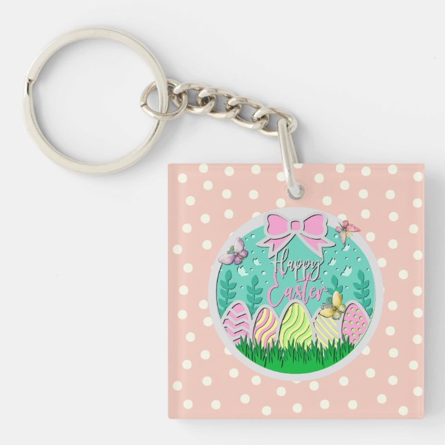 Cute Easter Egg Hunt and Colorful Butterflies Keychain (Front)