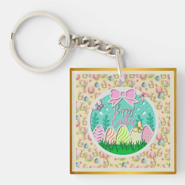 Cute Easter Egg Hunt and Colorful Butterflies Keychain (Front)