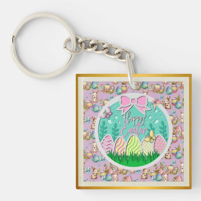 Cute Easter Egg Hunt and Colorful Butterflies Keychain (Front)
