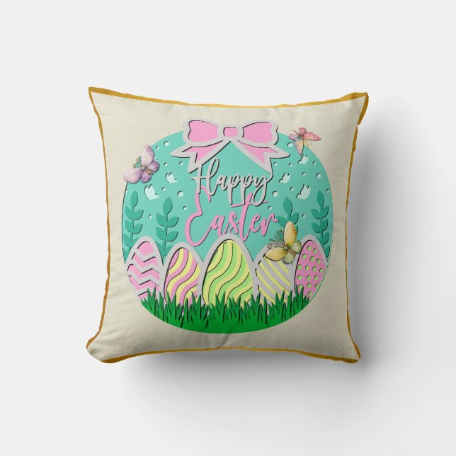 Cute Easter Egg Hunt and Colorful Butterflies Throw Pillow (Front)