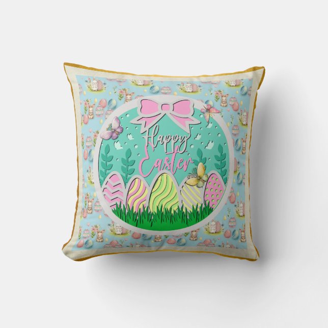 Cute Easter Egg Hunt and Colorful Butterflies Throw Pillow (Front)