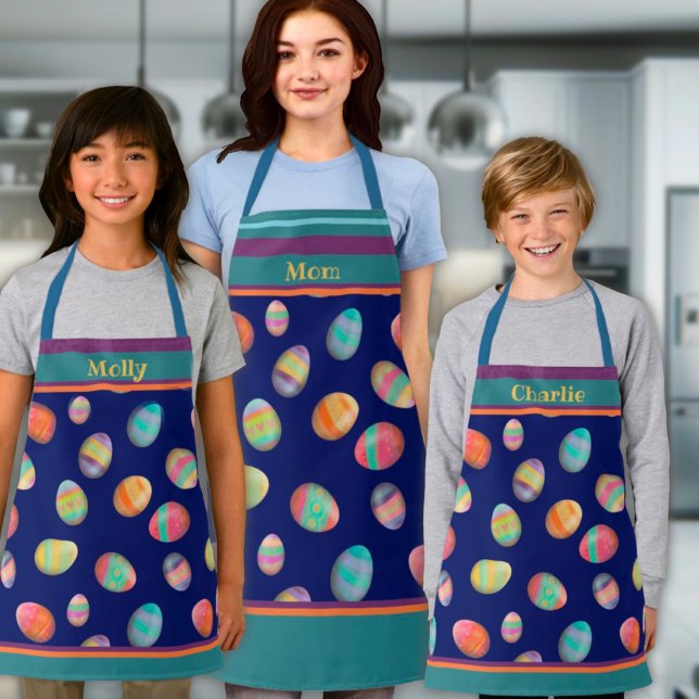 Cute Easter Egg Pattern Blue Custom Name Apron (Creator Uploaded)