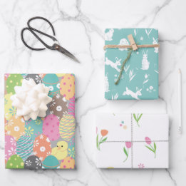 Cute Easter eggs and bunnies, spring tulips Wrapping Paper Sheets