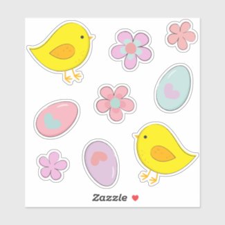 Cute Easter Eggs Chicks Flowers Pastel Spring Set