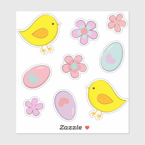 Cute Easter Eggs Chicks Flowers Pastel Spring Set Sticker