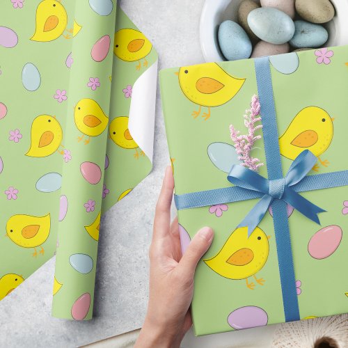 Cute Easter Eggs Chicks Spring Pattern Green Wrapping Paper