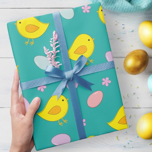 Cute Easter Eggs Chicks Spring Pattern Teal green Wrapping Paper