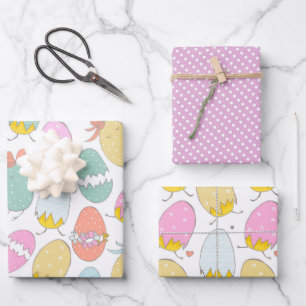 Cute Easter Eggs, Easter Chicks and Pink Polkadots Wrapping Paper Sheets