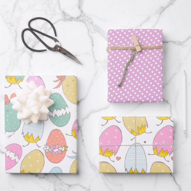 Cute Easter Eggs, Easter Chicks and Pink Polkadots Wrapping Paper Sheets (Front)