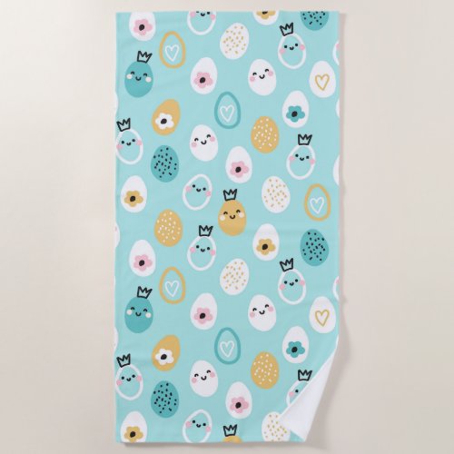 Cute Easter Eggs Pattern Kawaii Pastel Eggs  Beach Towel