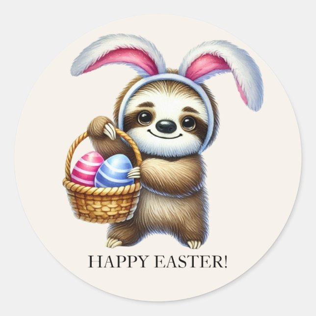 Cute Easter Eggs Sloth Bunny Ears Classic Round Sticker (Front)