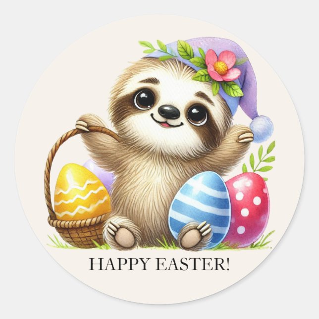 Cute Easter Eggs Sloth  Classic Round Sticker (Front)