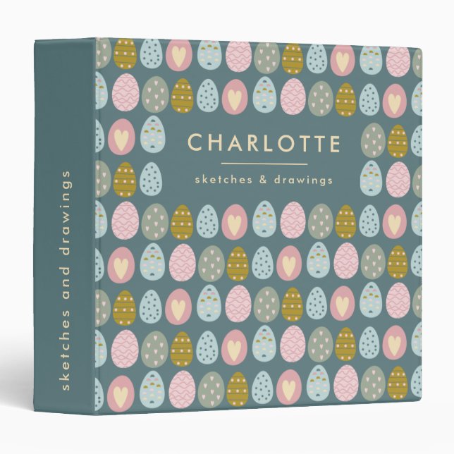 Cute Easter Eggs Teal Pink Personalized Name 3 Ring Binder (Front/Spine)