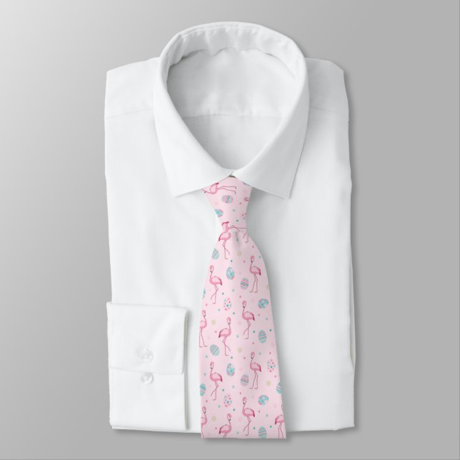 Cute Easter Flamingo and Painted Eggs Pattern Neck Tie (Tied)