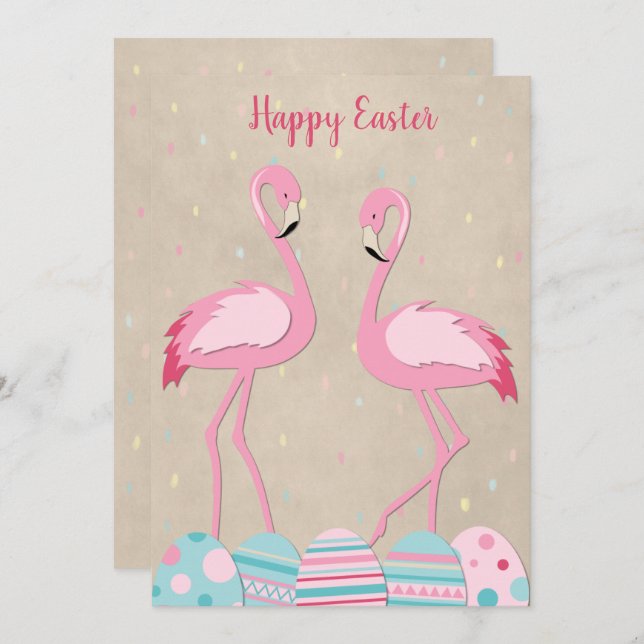 Cute Easter flamingo & painted eggs Holiday Card (Front/Back)