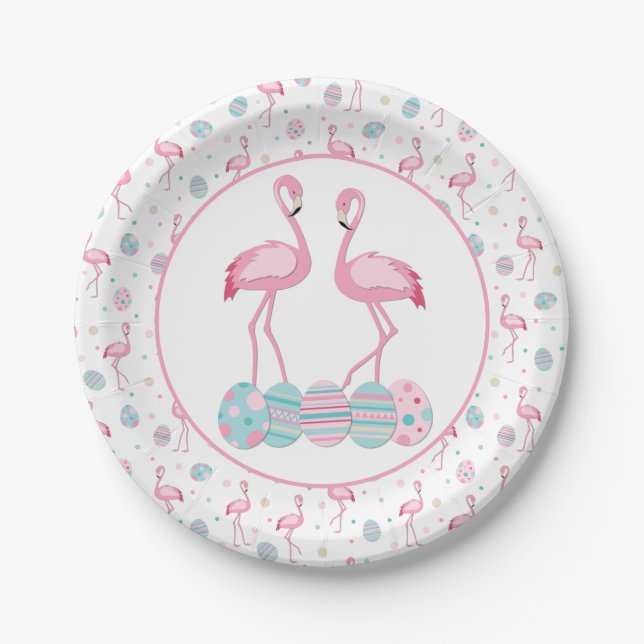 Cute Easter flamingo & painted eggs pattern Paper Plates (Front)