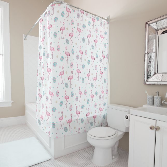 Cute Easter flamingo & painted eggs pattern Shower Curtain (In Situ)