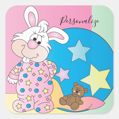 Cute Easter Girl Bunny Bedtime Drawings Square Sticker