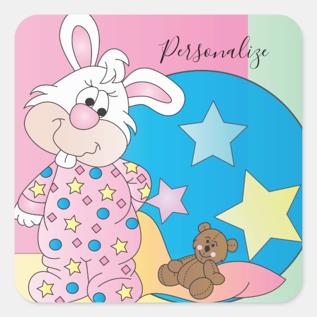 Cute Easter Girl Bunny Bedtime Drawings Square Sticker (Front)