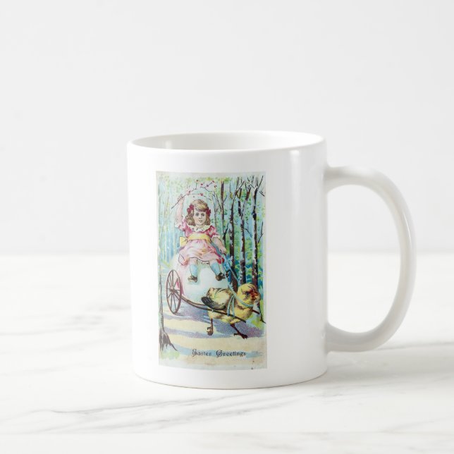 Cute Easter Girl In Cart With Chick Pulling Cart Coffee Mug (Right)