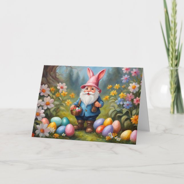 Cute Easter Gnome in Spring Garden Illustration  Holiday Card (Front)