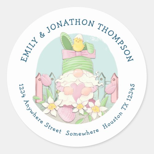 Cute Easter Gnome Name Return Address Pink Teal Classic Round Sticker
