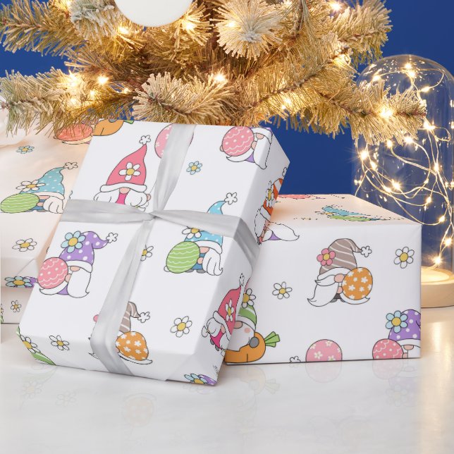 Cute Easter Gnomes Girly Spring Flowers Eggs Wrapping Paper (Holidays)