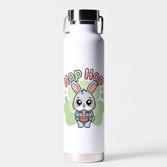 Cute Easter Hop Hop Bunny Basket Artwork Water Bottle (Front)