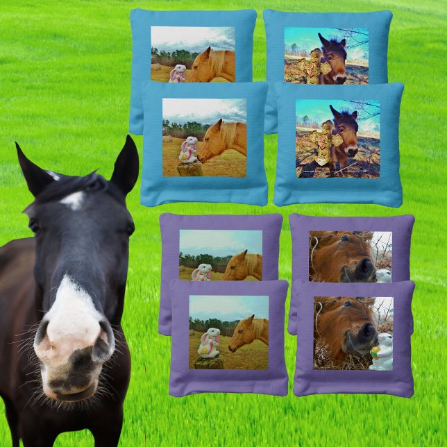 Cute Easter Horse and Bunny Rabbit Photo template Cornhole Bags (Creator Uploaded)